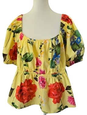 Express Floral Yellow Puff Sleeve Peplum Blouse XL | Square Neck Romantic
